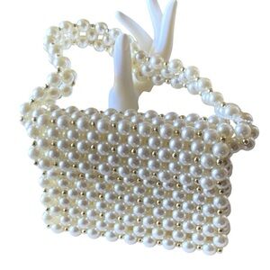 Elegant Ivory Pearl & Gold Beaded Handbag New 7” x 5” x 5” Pearl Handle
